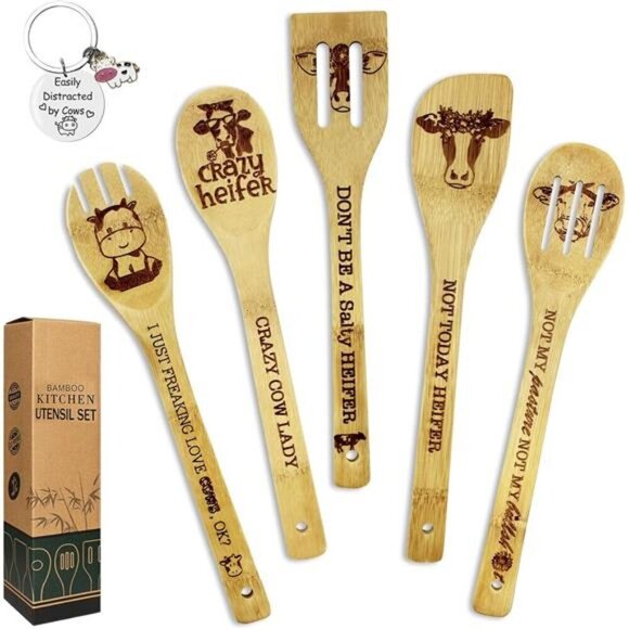 Funny Cow-Themed Bamboo Kitchen Utensil Set–5-Piece Engraved Gift for Cow Lovers - Picture 1 of 5